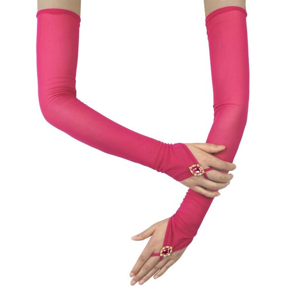 Women's Baby Pink Long Fabric Finger Loop Gloves Bridal Wedding Party Costume - Picture 2 of 6